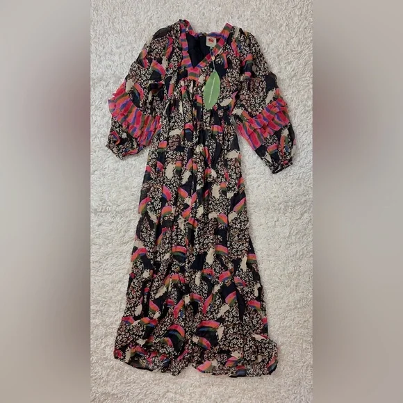 NWT Farm Rio Leopard Toucans Print Ruffle Flowy Maxi Dress